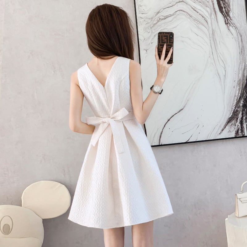 【dress】高級感気質満点Aラインエレガントリボン高級感Vネックハイウエストワンピース G13255