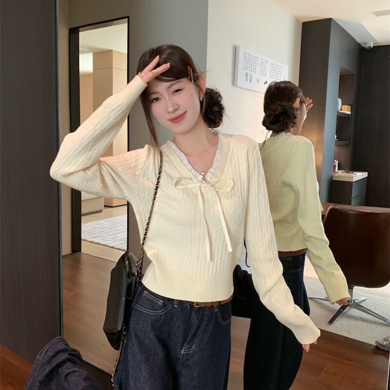 【tops】Vネックリボン付きニットトップス　M27739