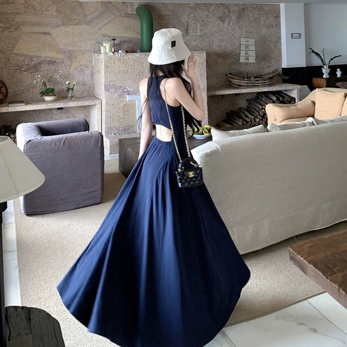 【dress】バックオーポンロングベストワンピース Q8498