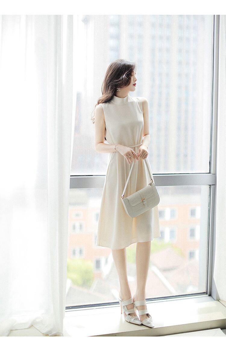 【dress】女性力を高める〜エレガントOL通勤ハーフネックノースリーブ無地韓国ファッションワンピースF2161