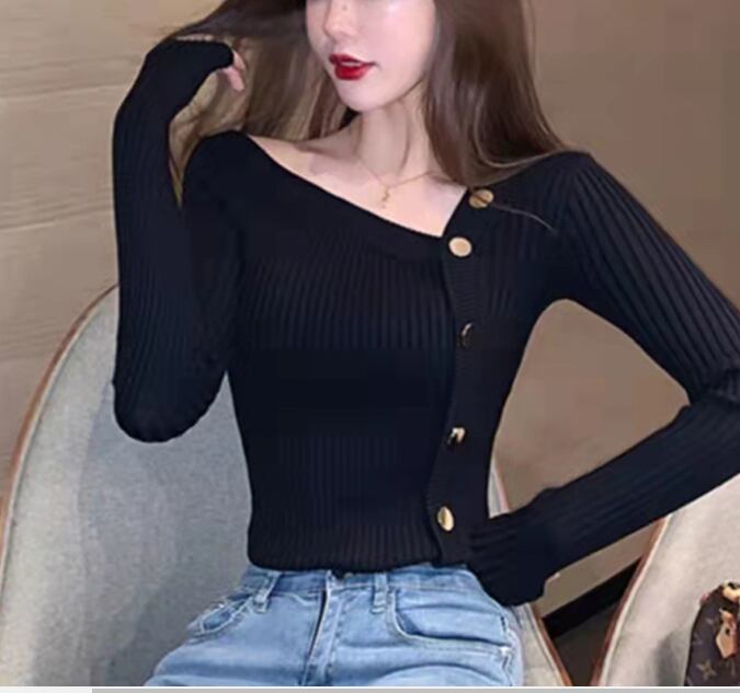【tops】長袖ファッション韓国風フェミニン斜めネックニットセーターW0352
