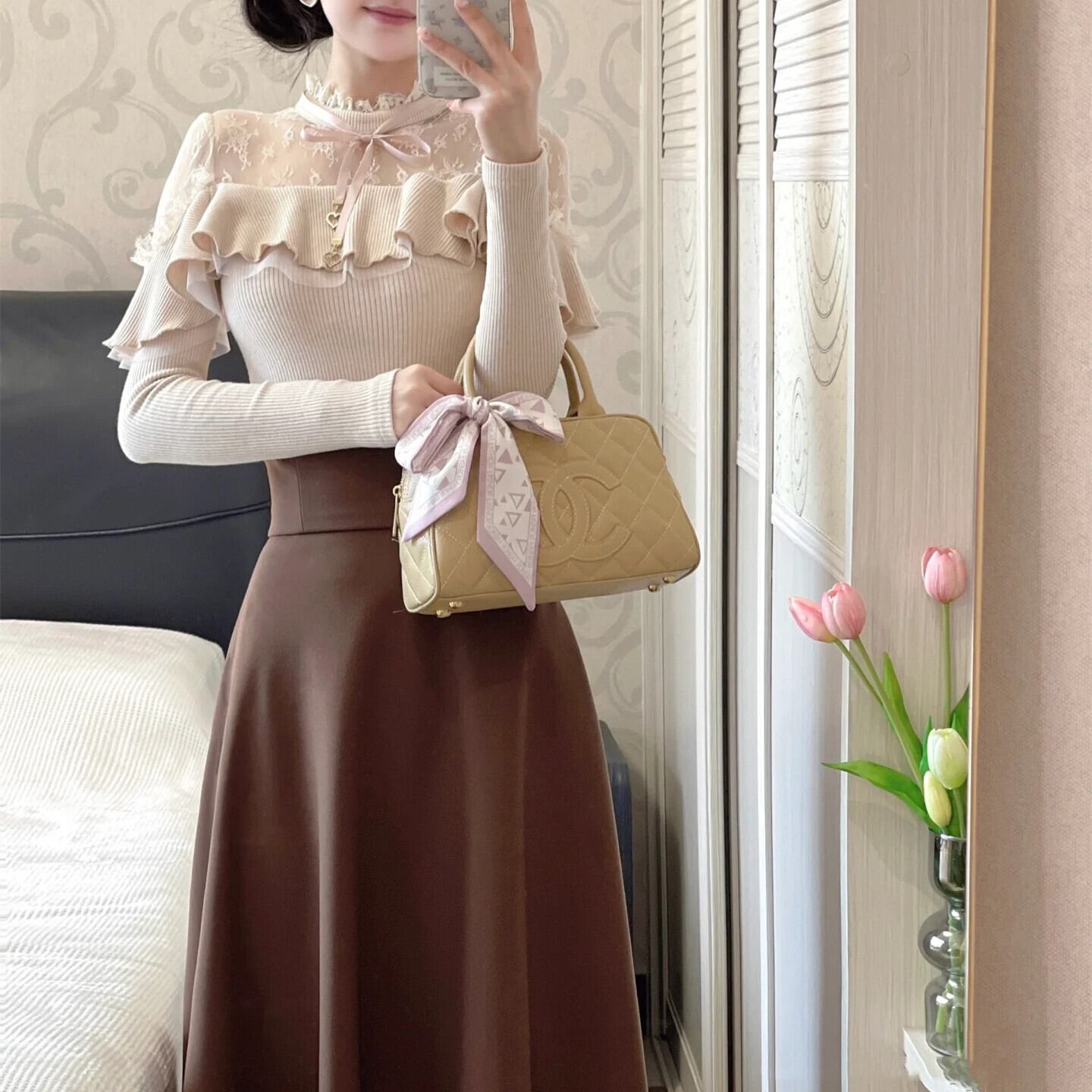 【set】レースフリルニットトップス×ロングスカートセット N3477