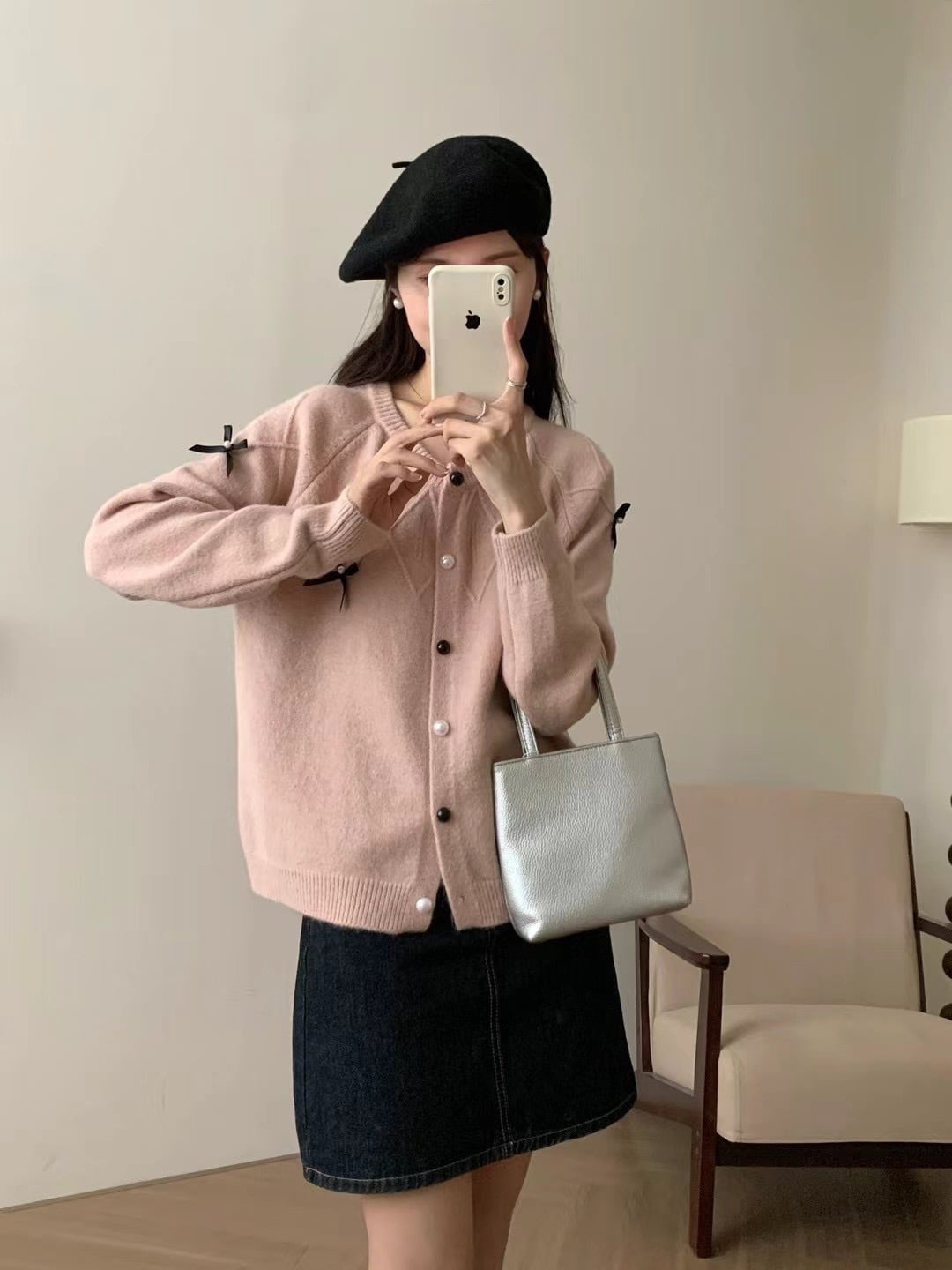 【outer】リボン付きニットカーデ　M25924