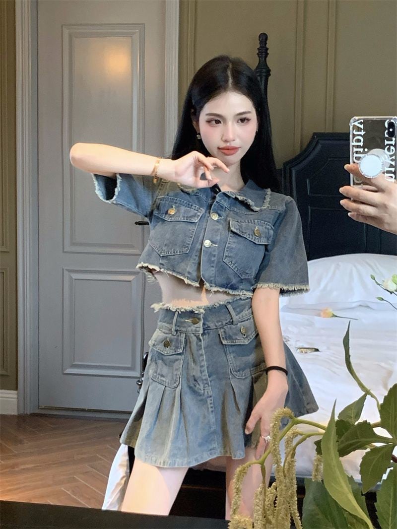 【set】半袖ジャケット+スカートデニム2点セットF7529