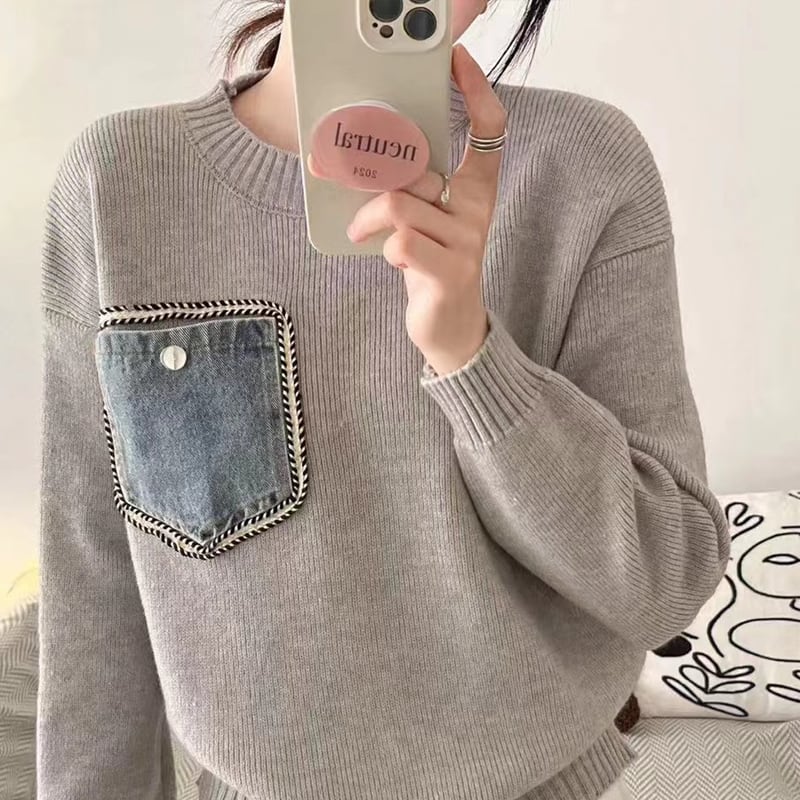【tops】デニムポケット付きセーター Q6370