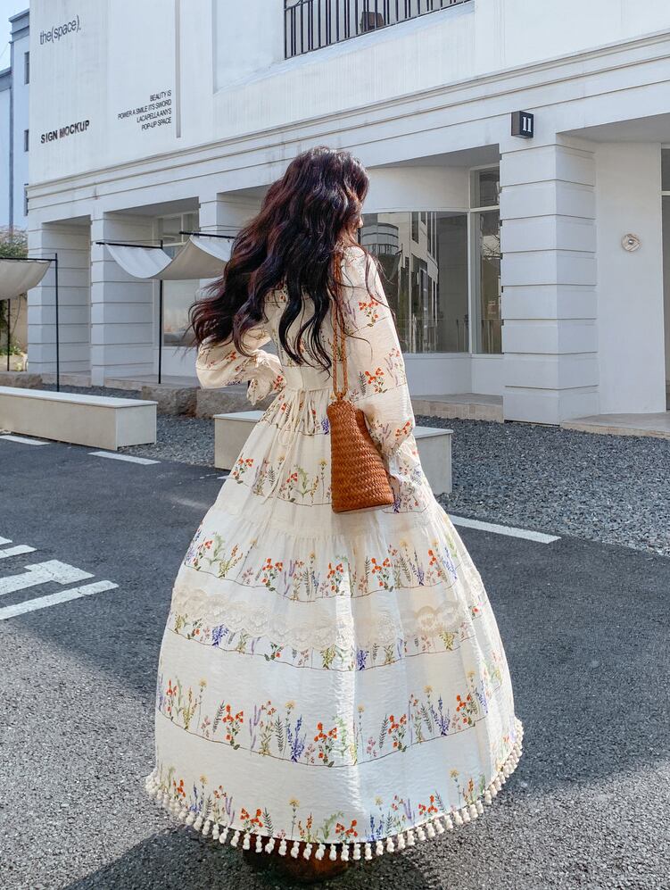 【dress】フリンジ付き花柄ロングワンピース Q8225