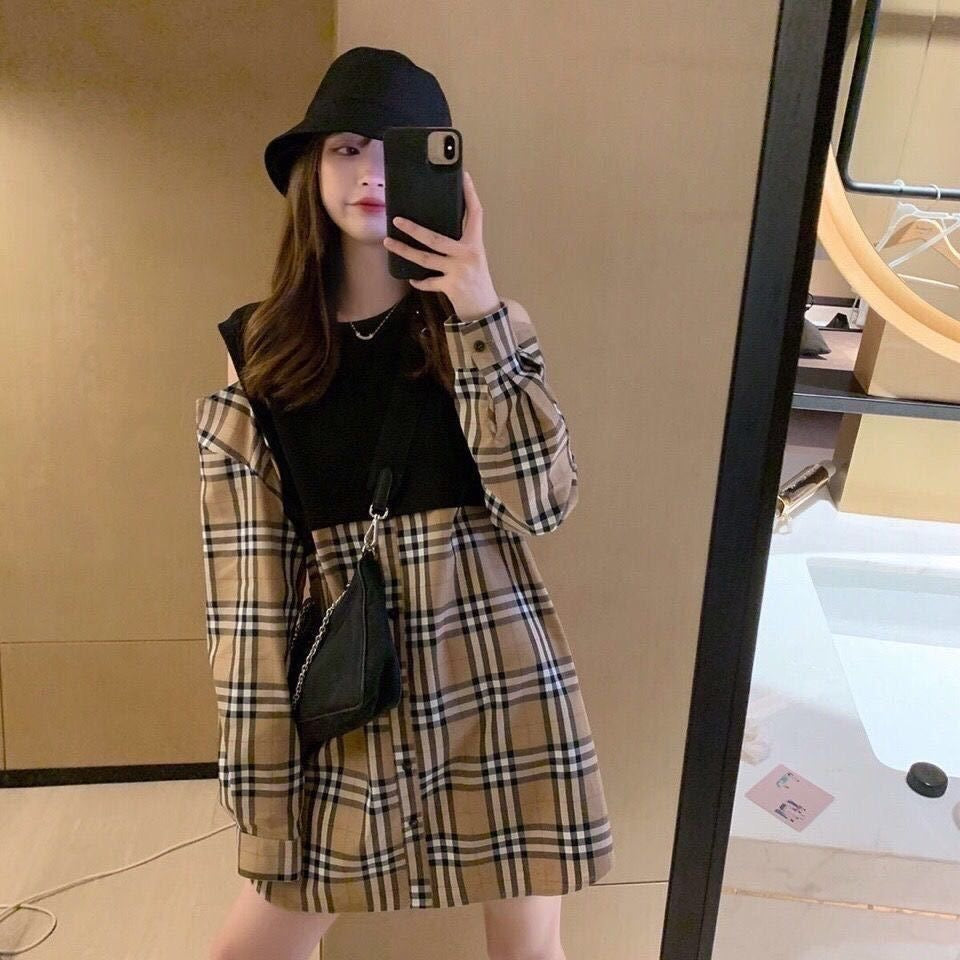 【dress】肩開き切り替えチェック柄ワンピースF8137