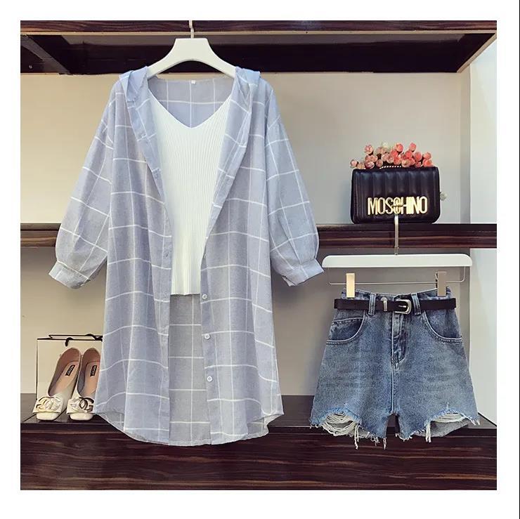 【set】オシャレ度満点〜3点セットチェック柄シャツ+無地タンクトップ+デニムショートパンツF0231