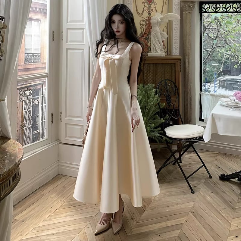 【dress】リボン付きフレアロングキャミワンピース Q8380