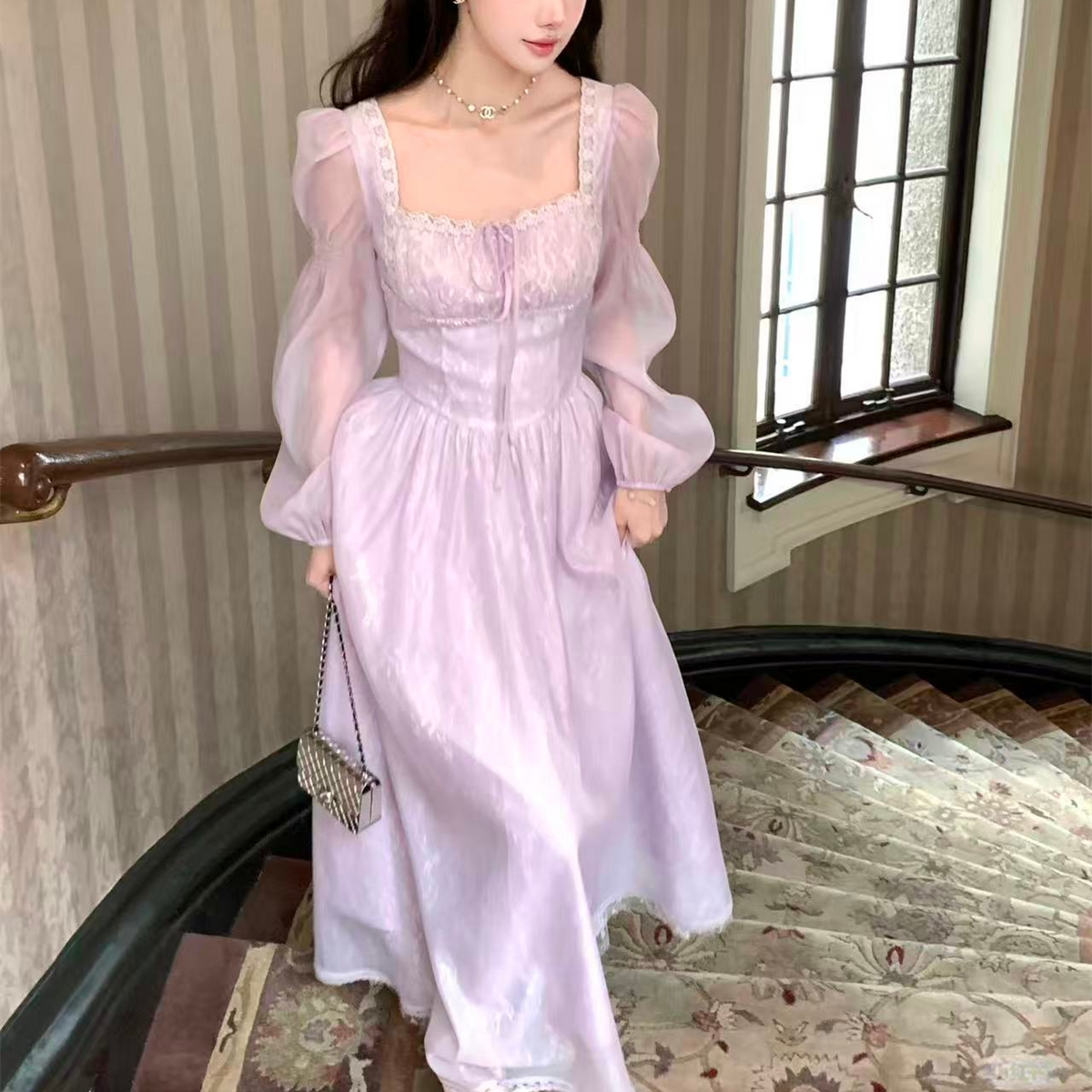 【dress】スクエアネックレースロングワンピース Q6388
