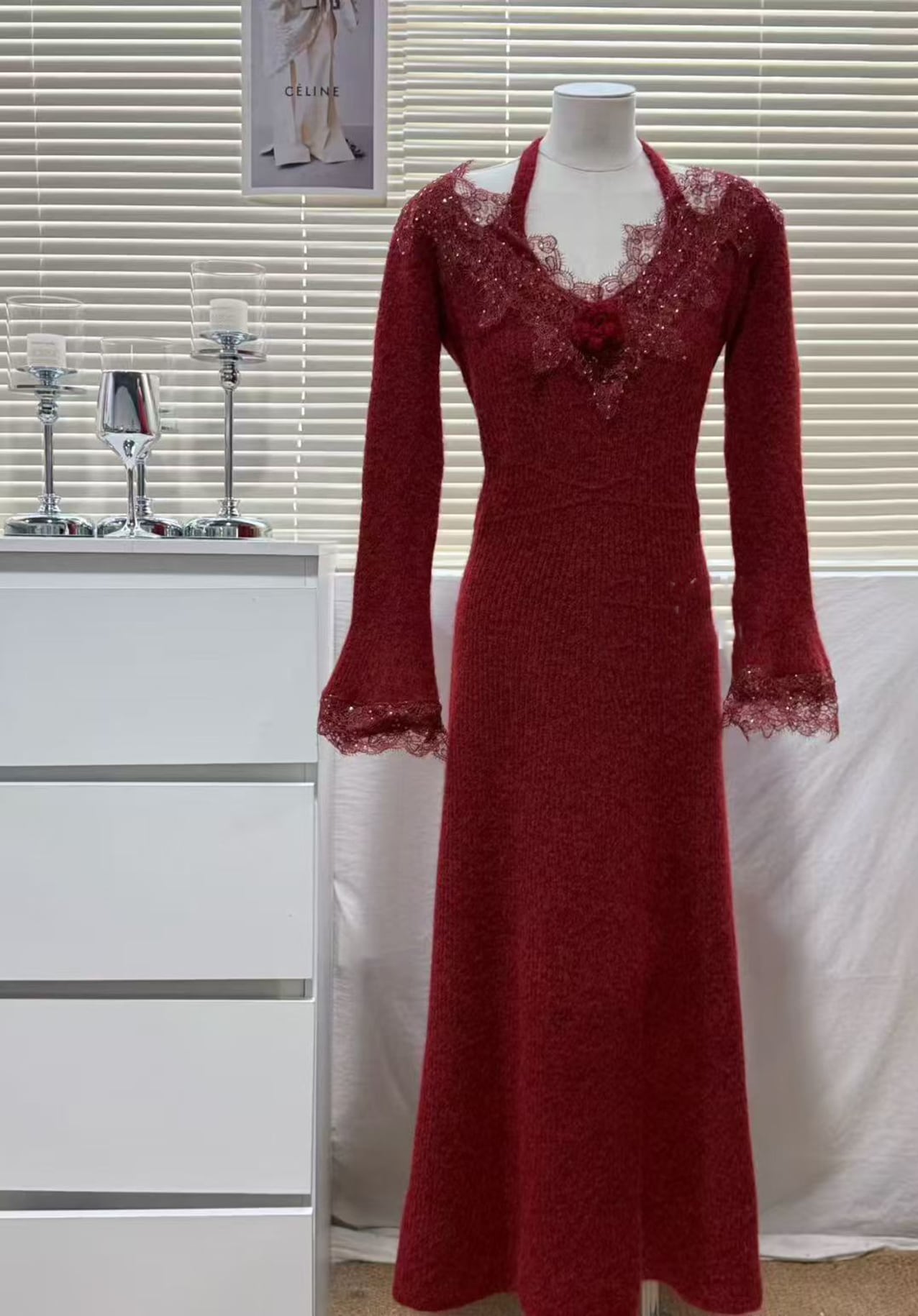 【dress】レースドッキングニットワンピース Q7479
