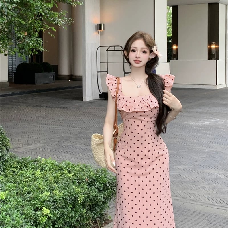 【dress】ギャザーフリルドット柄ロングワンピース Q8509