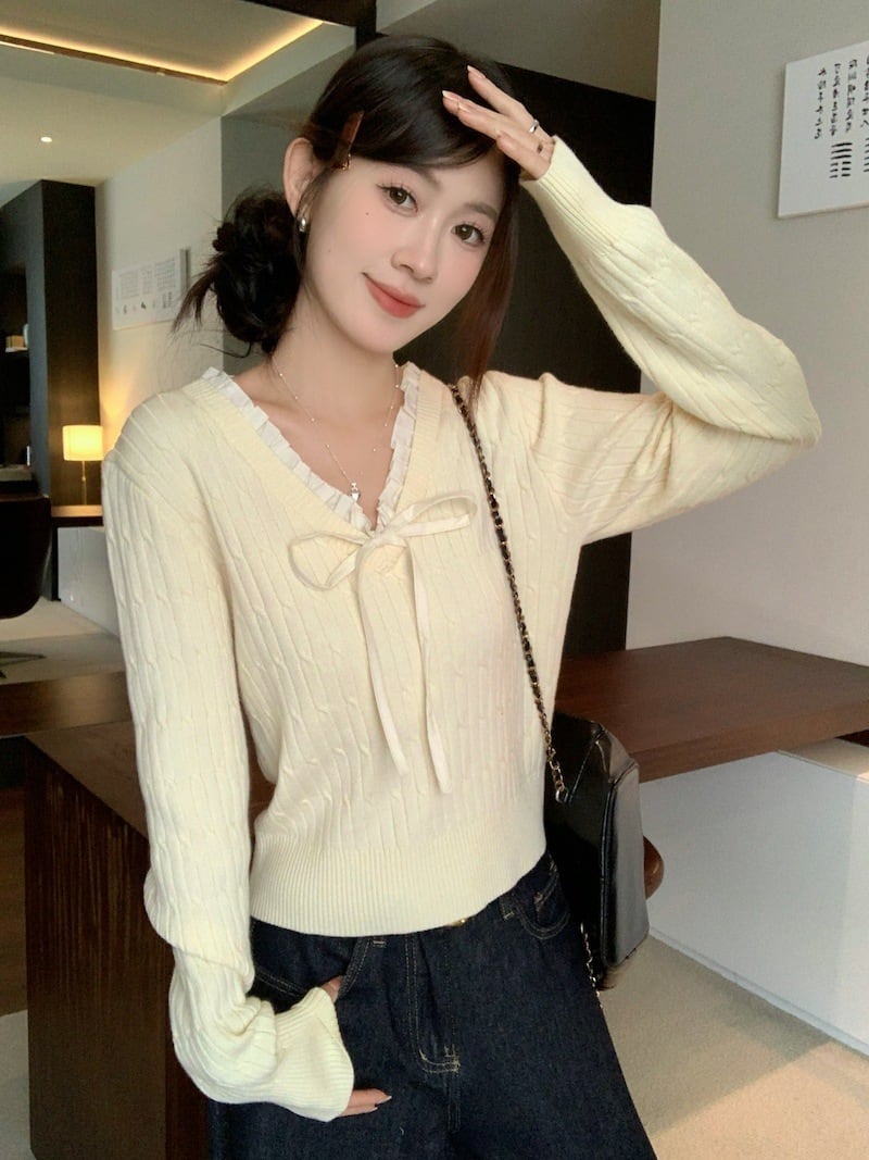 【tops】Vネックリボン付きニットトップス　M27739