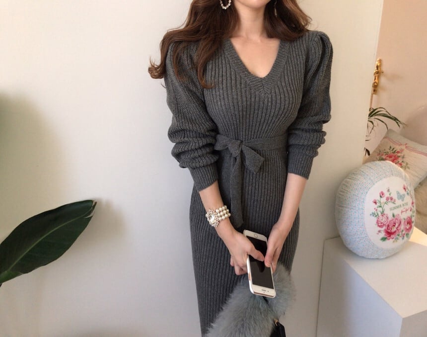 【dress】Vネックスリットタイトニットワンピース G16693