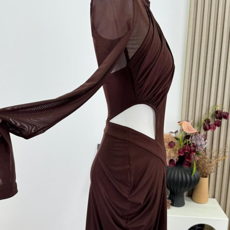 【dress】クロスネックチュールドッキングロングワンピース Q7951