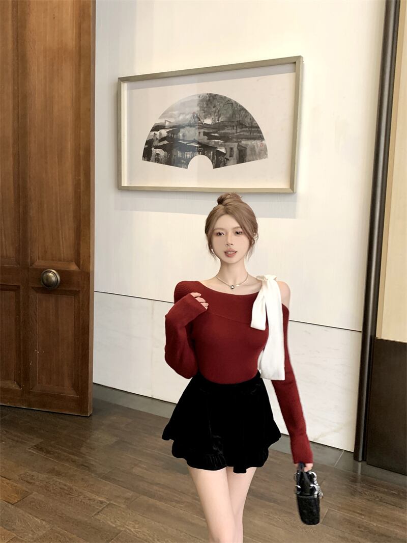 【tops】ショルダーリボンアシンメニットトップス　N2870
