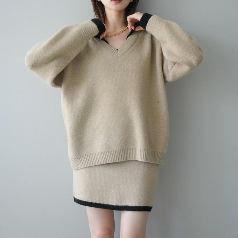 【set】フェイクレイヤードニットトップス×ミニスカートセット Q7703