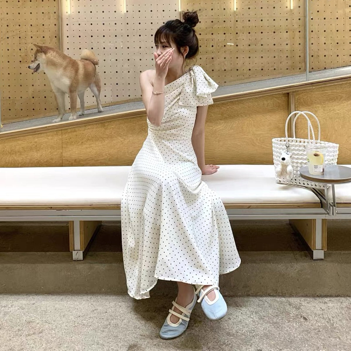 【dress】ワンショルダーリボンドット柄ワンピース　N3045