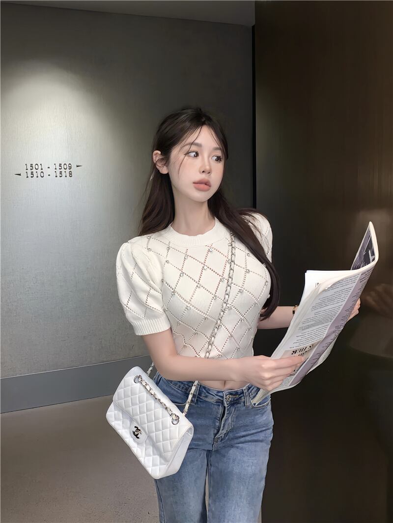 【tops】細身効果抜群♪夏新作3色ラウンドネック半袖ビーズ飾り体型カバー着回し薄手ニットF4718