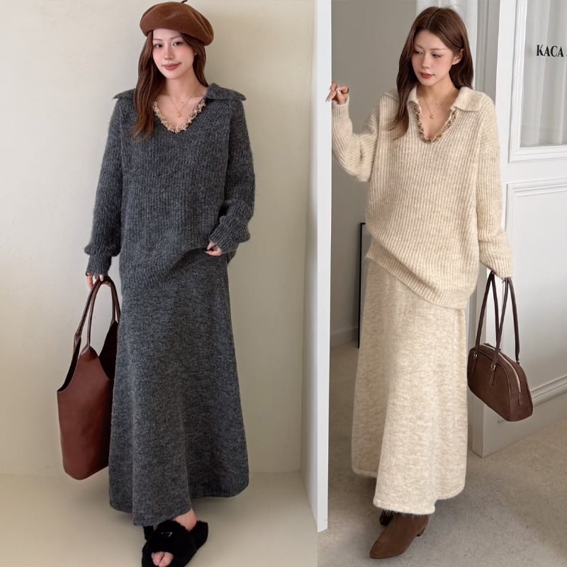 【set】Vネックニットトップス×ロングスカートセット Q7278