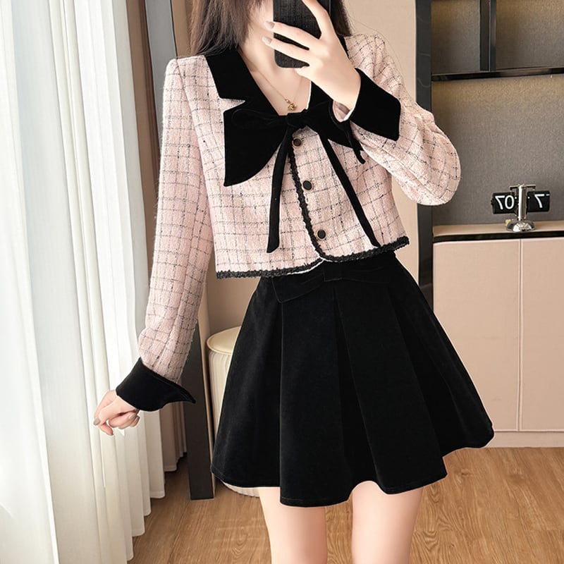 【set】リボン付きジャケット×フレアスカートセット Q7412