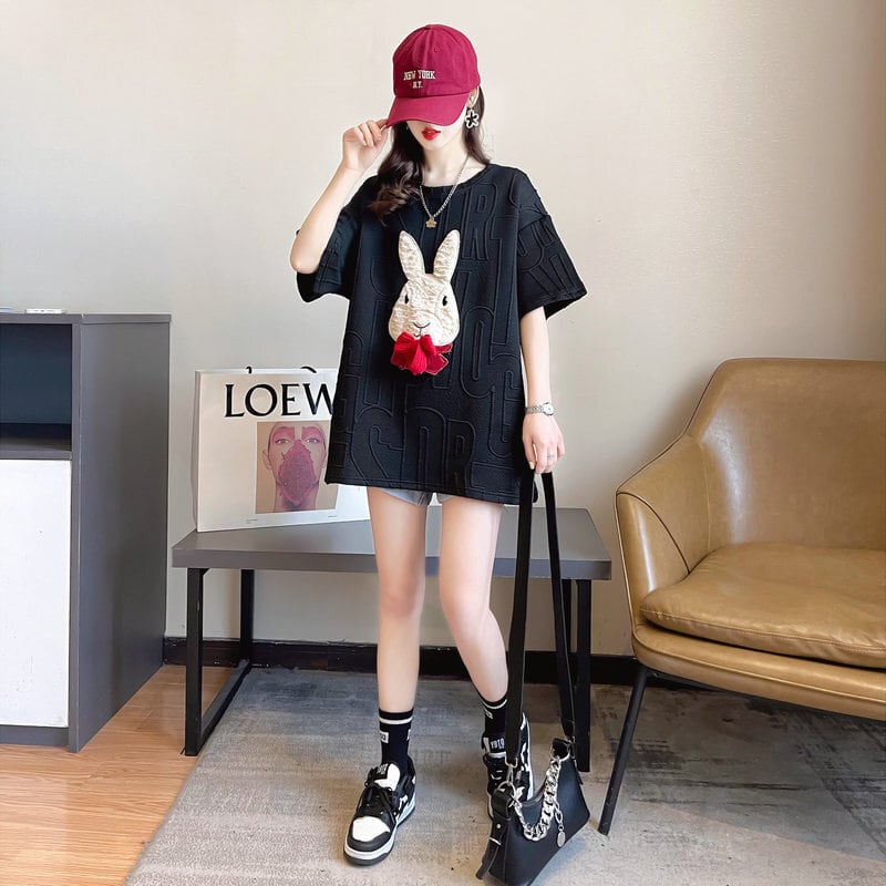 【tops】気質アップ2023夏新作ラウンドネック半袖3色動物柄ゆったり着回しＴシャツF5292