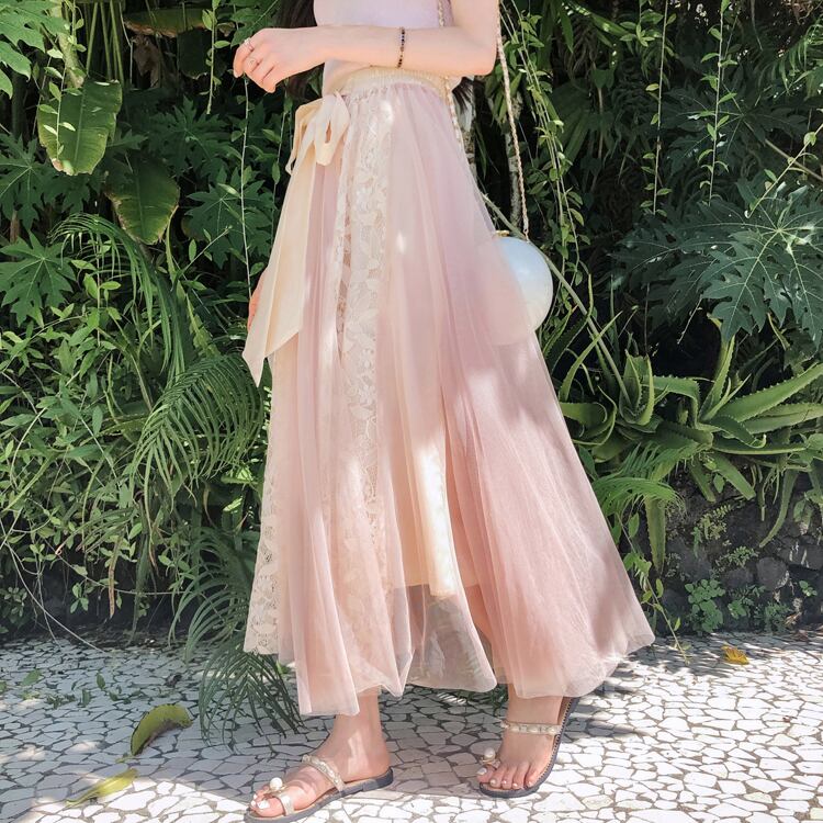 【bottoms】春夏気質アップINS風着痩せハイウエスト花柄メッシュスカート