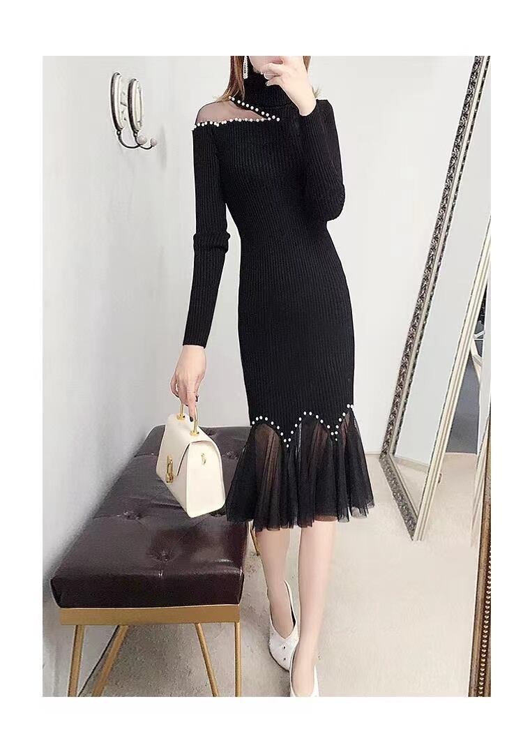 【dress】細身効果抜群♪レース切り替え体型カバーファッション無地人気ニットマーメイドワンピースF1436