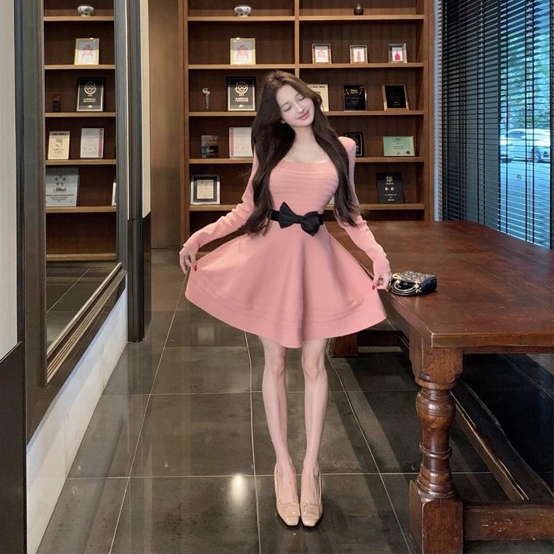 【dress】リボンベルト付きニットワンピース Q7343