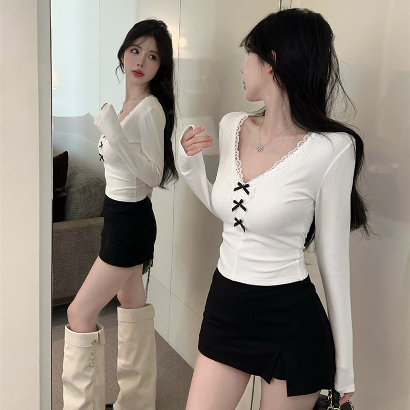 【tops】Vネックレースドッキングトップス Q7107