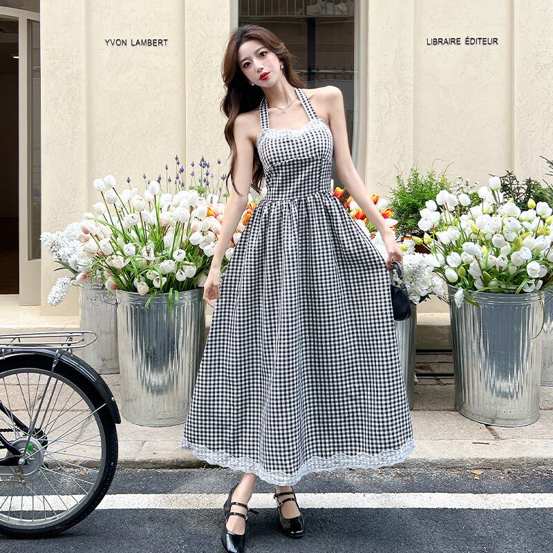 【dress】レース切り替えホルターネックワンピース　M29995