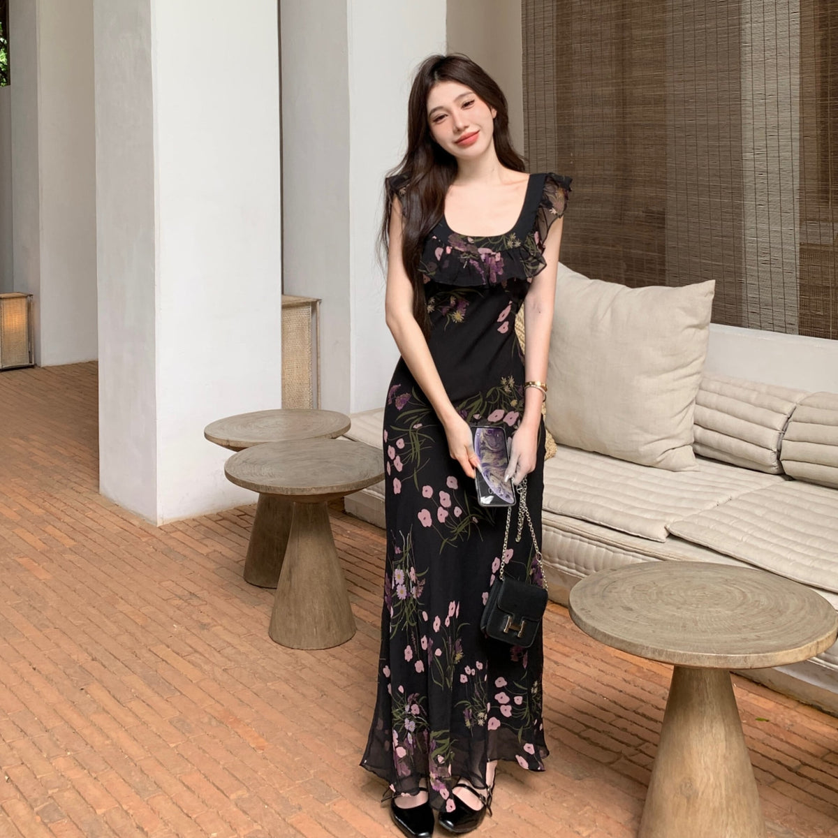 【dress】フリルプリントワンピース　M24087