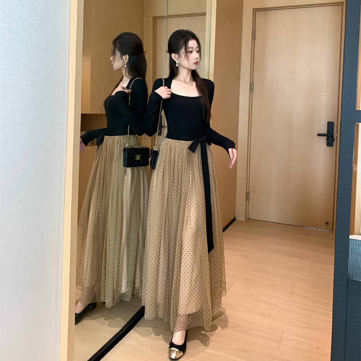 【dress】チュールドッキングロングワンピース　N3439