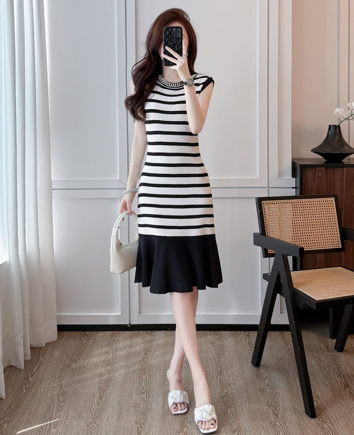 【dress】ノースリーブボーダー柄ニットワンピース Q8491