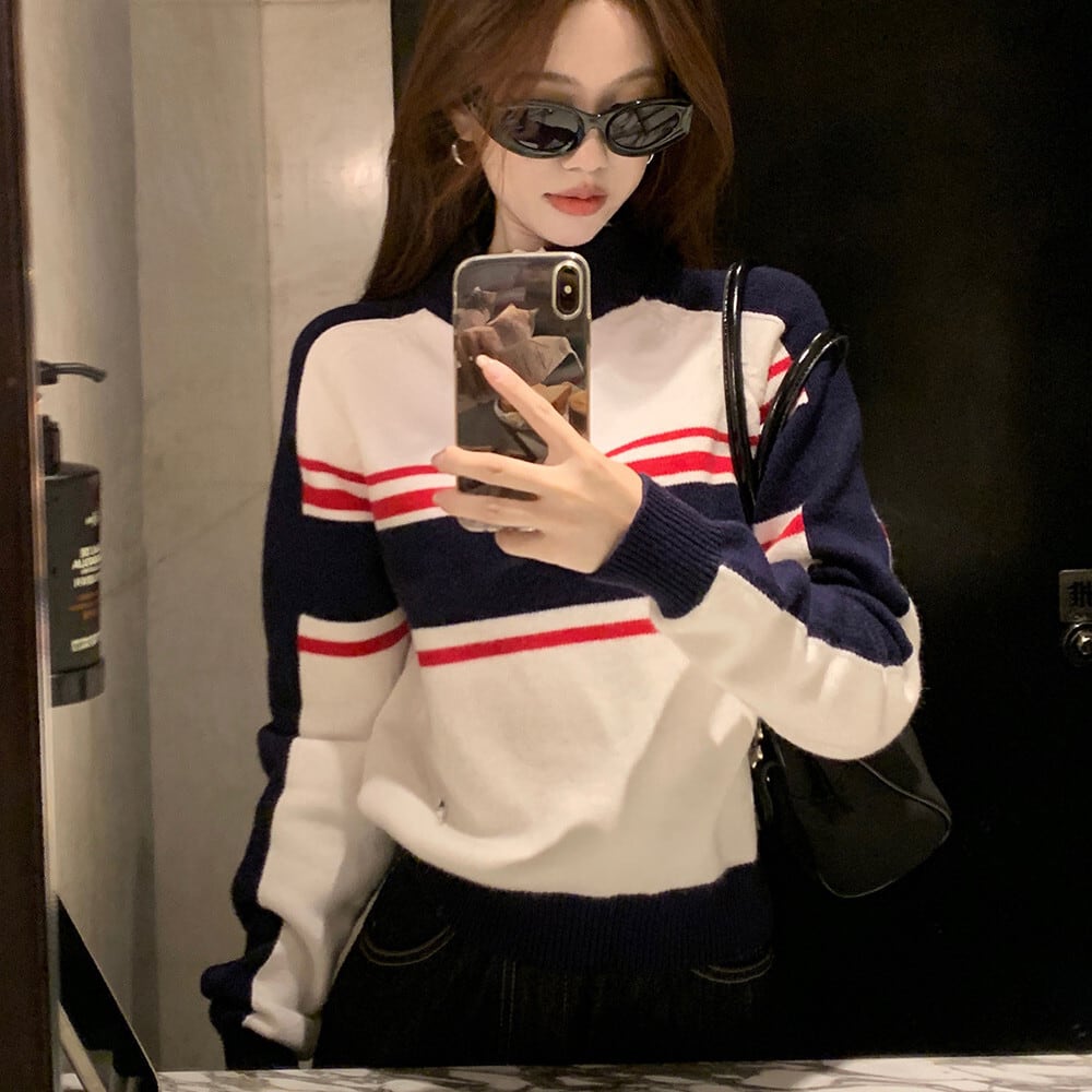 【tops】配色ニットトップス　M27196