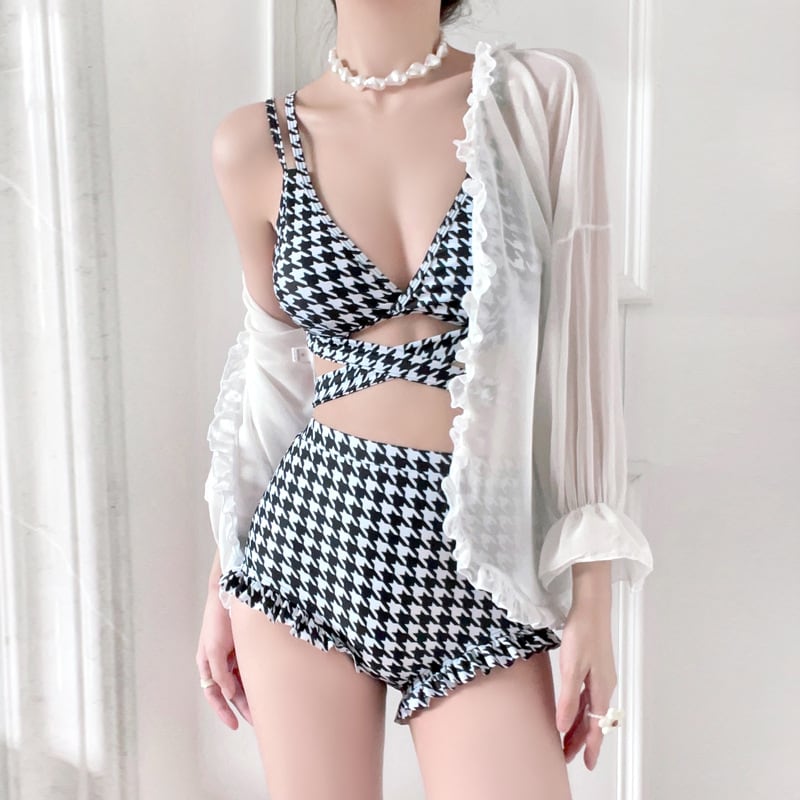 【水着】千鳥格子柄ビキニスイムウェア×カーディガンセット　Q8356