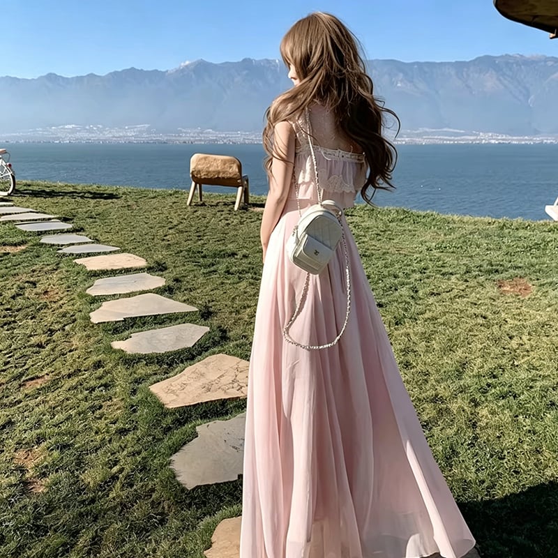 【dress】レースフリルロングキャミワンピース Q8465