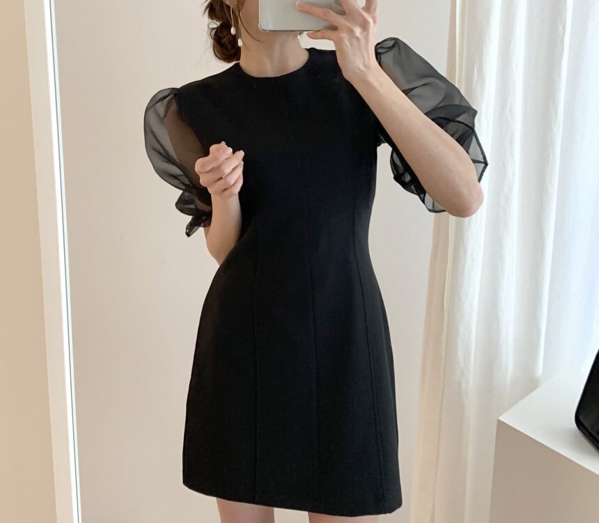 【dress】チュールスリーブ切り替えワンピース　M23986