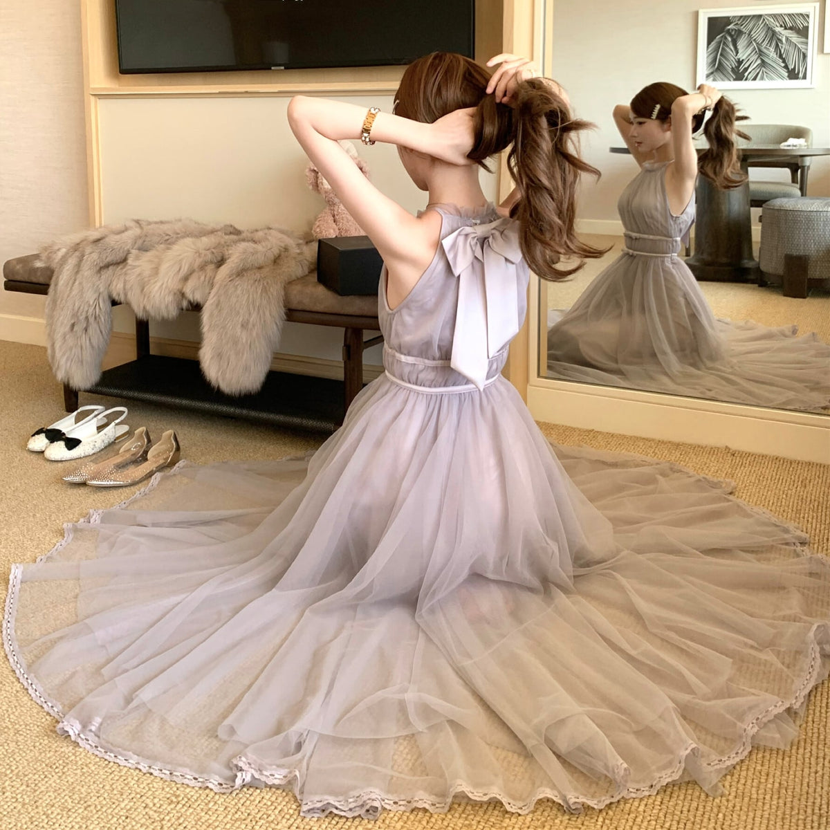 【dress】バックリボンチュールロングワンピース　N3217