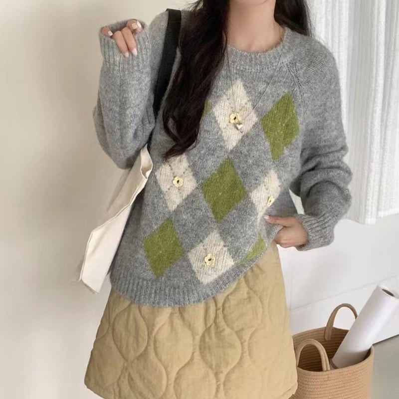【tops】アーガイルチェックニットトップス Q7145