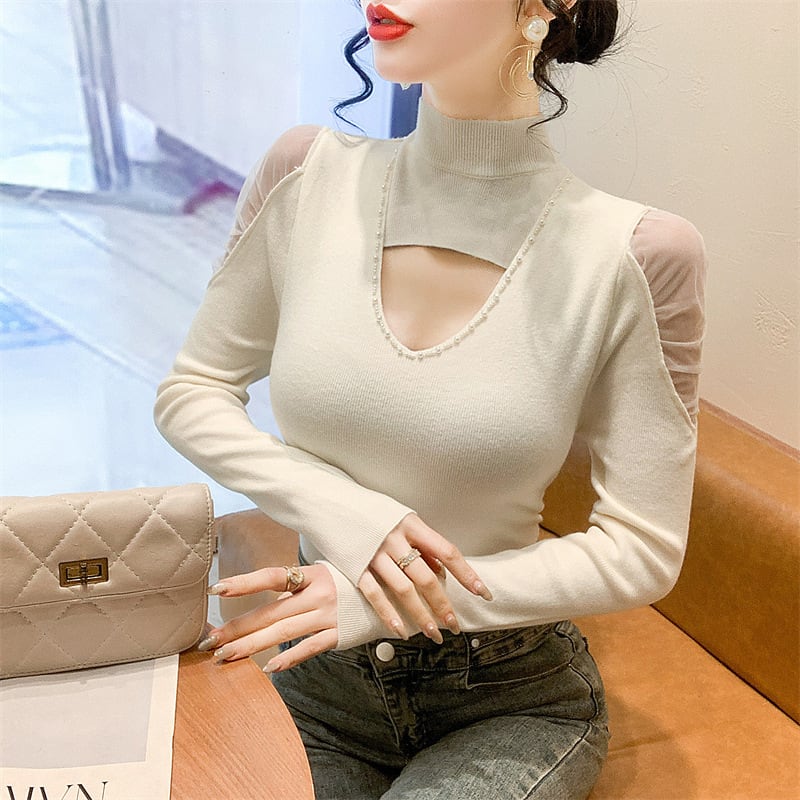 【tops】シースルーショルダーニットトップス　M28082