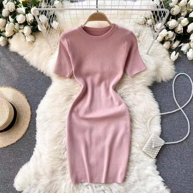 【dress】半袖体型カバーニットワンピースF7525