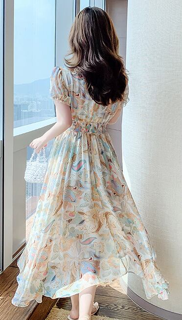 【dress】好感度満載！Vネック半袖夏海旅行シフォン花柄配色ワンピース F0343