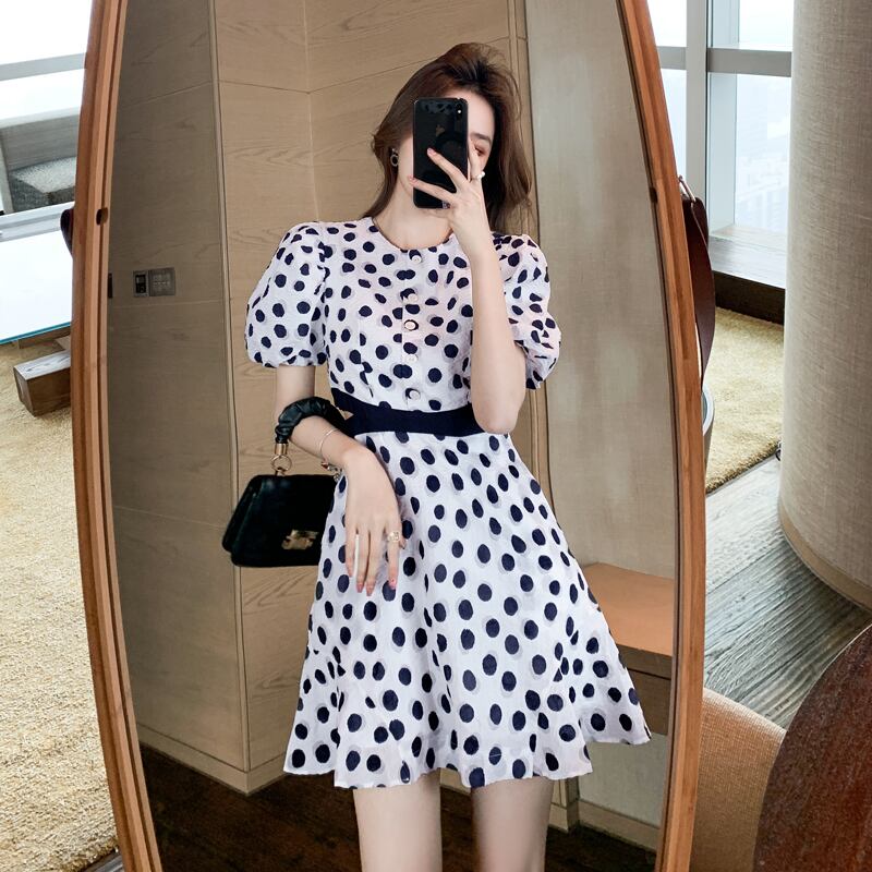 【dress】高級感好感度UP!気質満点パフスリーブドット柄透かし彫りワンピース G0257