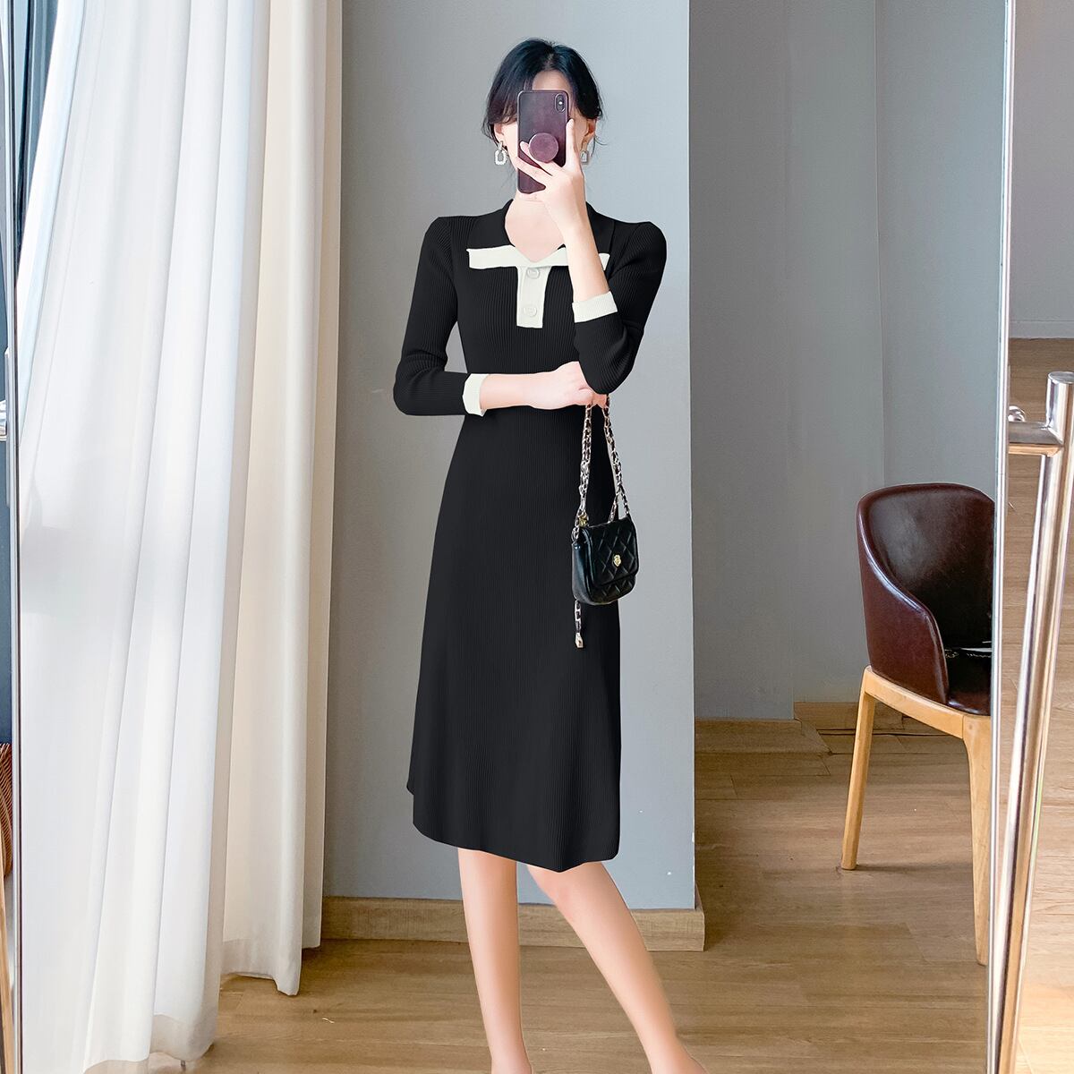 【dress】折り襟ニットワンピース　M18990