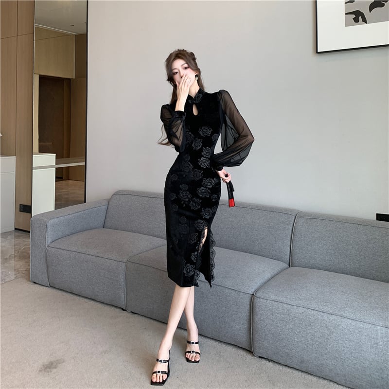 【dress】チュールコンビレーススリットワンピース　M29351
