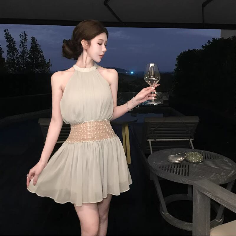 【dress】ビーズ付きノースリーブチュールミニワンピース Q8406