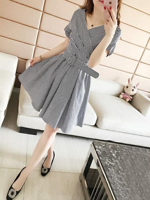 【dress】夏高級感気質満点レトロスウィートストライプ柄着痩せ ワンピース G1036