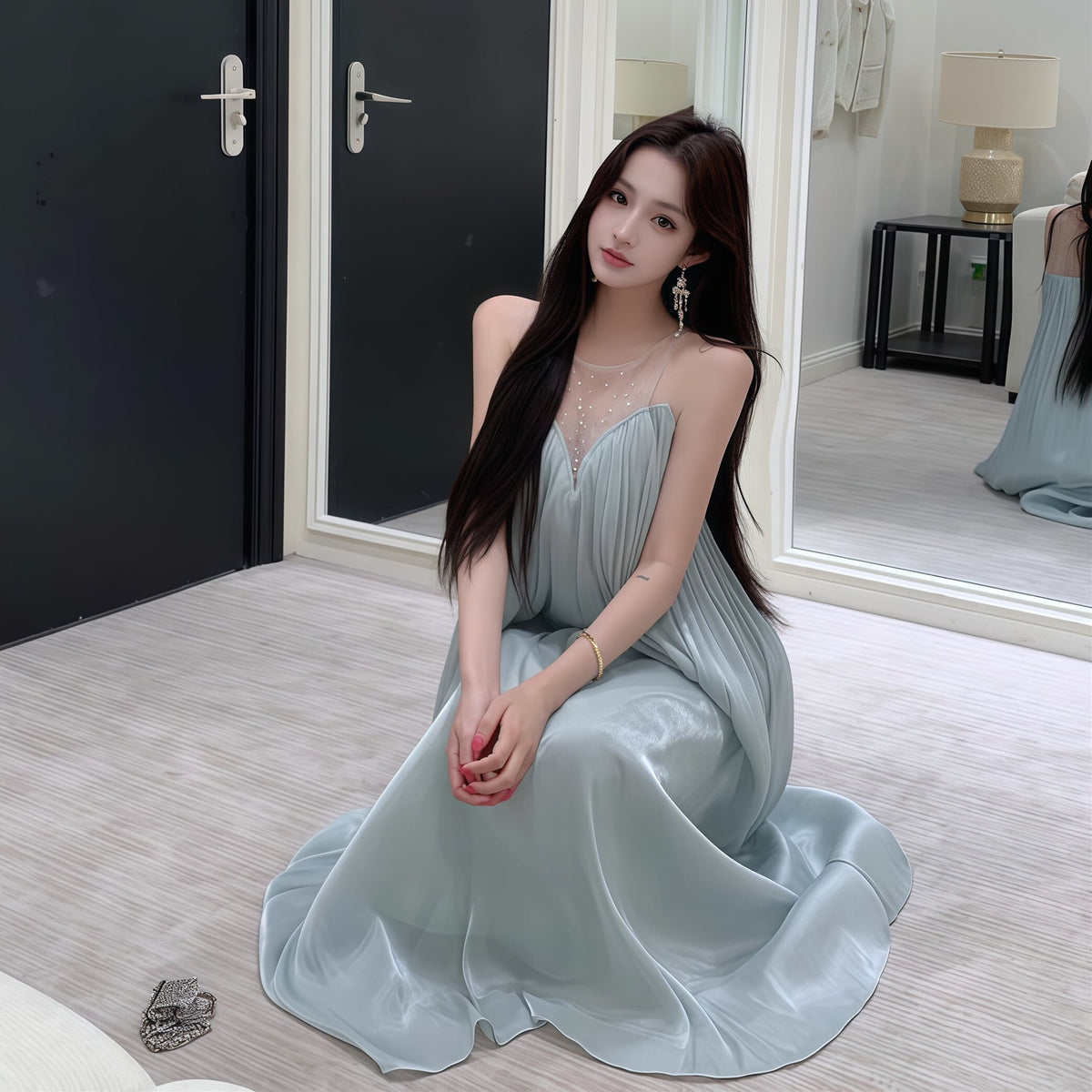 【dress】ラインストーン付きチュールドッキングロングワンピース Q8377