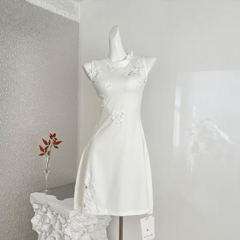 【dress】ノースリーブレースドッキングフレアニットワンピース Q7795